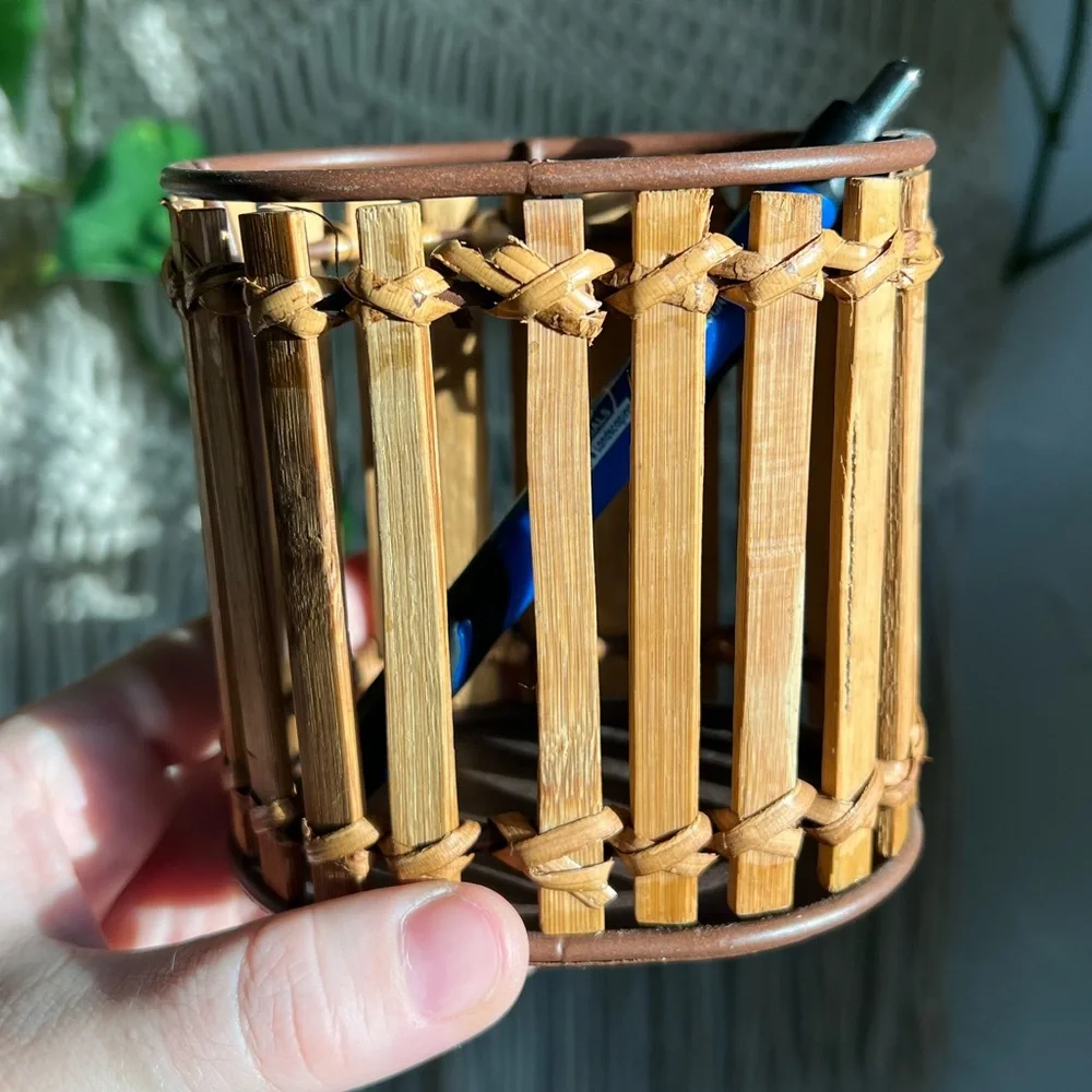 Vintage Bamboo & Rattan Pencil Holder Desk Organizer Wicker Rustic Office Decor
